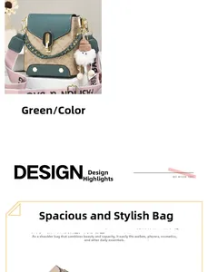 Detail of green leather shoulder bag with floral print, wide strap and plush pendant