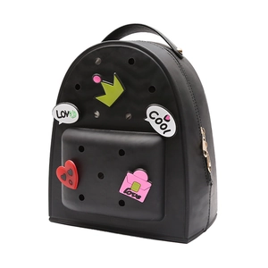 Cute black silicone bucket backpack for women with colorful cartoon charm inserts