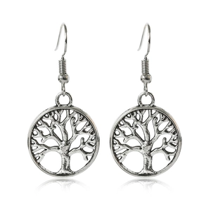Vintage silver Tree of Life earrings with intricate cutouts and ear hooks on white background
