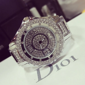 Luxury silver women's watch fully encrusted with diamonds and a sleek metal band