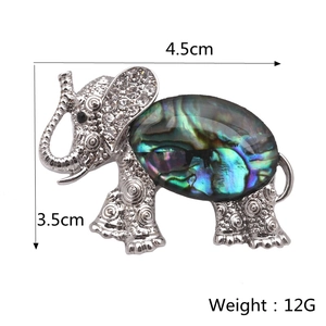 Detailed view of silver elephant brooch with abalone shell inlay and size dimensions