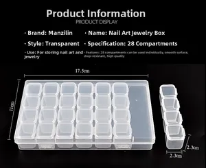 Detailed dimension chart for 28-grid clear plastic nail art accessory storage box organizer