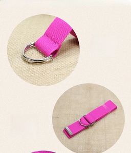 Detail of hot pink canvas belt with double D-ring buckle and metal reinforced tip