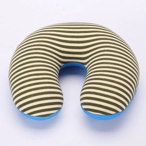 Detailed close-up of striped U-shaped neck pillow with soft knit texture and blue lining
