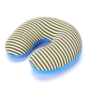 Top view of U-shaped neck pillow with green and white stripes and blue base fabric