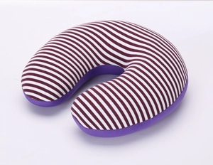 Detail view of U-shaped neck pillow with purple and white stripes in high-elastic fabric