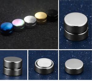 Macro detail of round magnetic stud earrings in various colors showing magnet structure