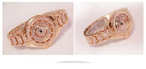 Detailed macro view of luxury rose gold watch featuring pave crystal bezels and diamond straps