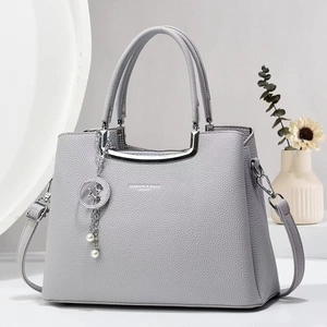Women Litchi Pattern PU Leather Handbag With Silver Metal Handle And Star Artificial Pearl Charm Large Capacity Crossbody Bag