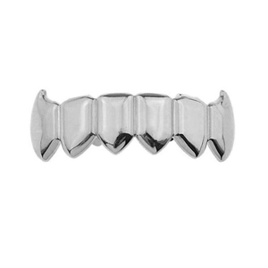 Detailed view of silver vampire fangs grillz featuring a six-tooth hip hop design