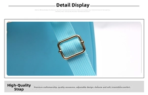 Close-up of light blue adjustable fabric shoulder strap with a polished gold metal buckle