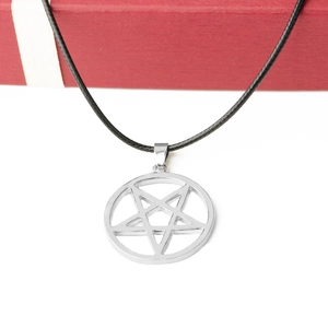 Silver pentagram star pendant necklace with black cord chain on red gift box