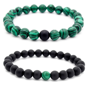8mm matte black onyx and green malachite beaded bracelets for couples on white background