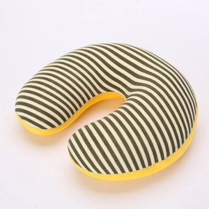 U-shaped travel neck pillow with green white stripes and yellow contrast design