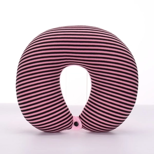 Close-up of pink and black striped travel neck pillow with secure snap button closure