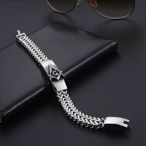 Men's stainless steel Masonic bracelet with woven chain and silver-black finish