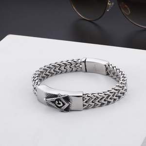 Men's silver 316L stainless steel woven Masonic bracelet with Freemasonry symbol