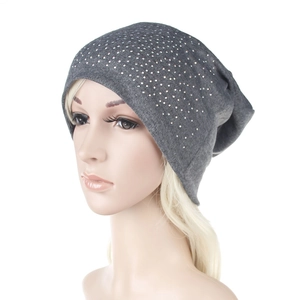 Dark grey knitted beanie with sparkling rhinestones for men and women winter fashion