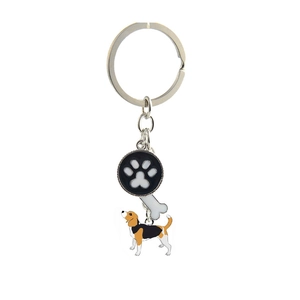 Detail of Beagle dog keychain with metal bone and paw pendants in colorful enamel finish