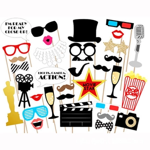 33-piece movie theme photo booth props with camera and popcorn for Oscar party