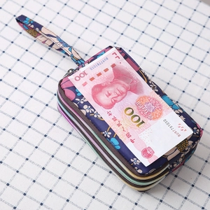 Three-layer canvas floral clutch wallet for women with large capacity zip compartments