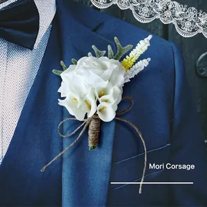 Artificial White Calla Lily Rose Boutonniere With Burlap Rope Handcrafted Rustic Wedding Party Corsage Accessory