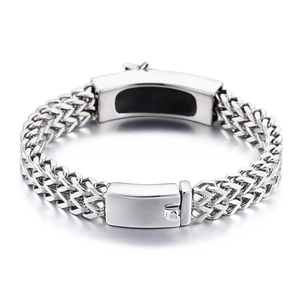 Men's stainless steel bracelet with silver braided link texture and rectangular clasp