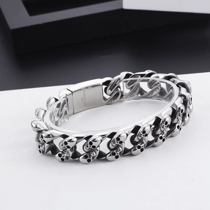 Men's punk titanium steel skull cuban chain bracelet in polished silver finish