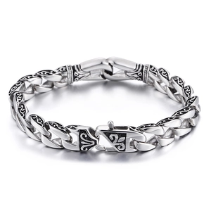 Bracciale da uomo vintage in acciaio inossidabile con incisioni floreali e stile retrò