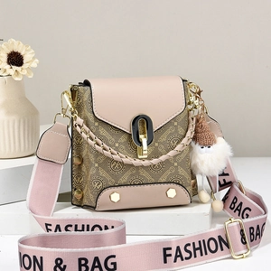 Women Crossbody Bag PU Monogram Print Square Shoulder Bag Wide Strap Plush Keychain Fashion Daily Handbag