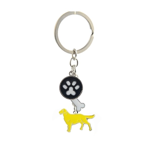 Detail of dog keychain with golden retriever charm, bone pendant and paw print tag