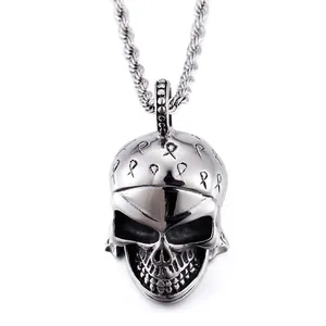 Retro punk style stainless steel skull pendant with textured relief on thick twist chain