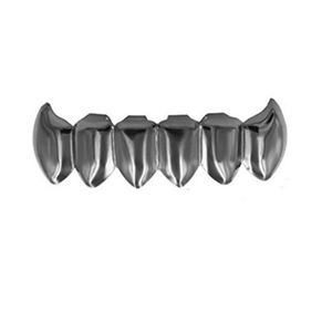 Macro shot of silver hip hop grillz featuring a six-tooth bottom row dental design