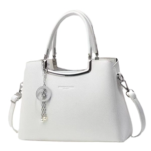 Elegant white lychee leather handbag with silver star charm and adjustable shoulder strap