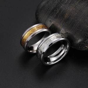 Dragon pattern and Roman numeral tungsten steel rings in silver and gold-tone finish