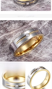 Macro detail of brushed silver and polished gold tungsten ring with a single diamond