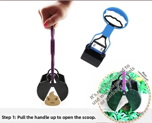 Detail of long-handle pet pooper scooper showing pull-handle operation for waste cleanup