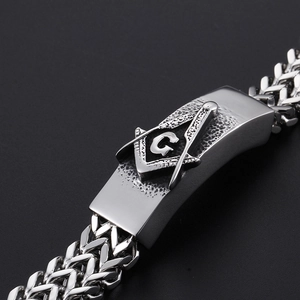 Men's stainless steel Masonic Freemason woven link bracelet with G symbol in silver finish
