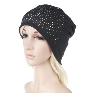 Black knit beanie for women and men with sparkling rhinestone crystal embellishments