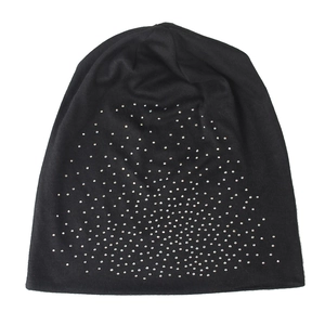 Unisex black knitted beanie with sparkling rhinestones for winter outdoor warmth