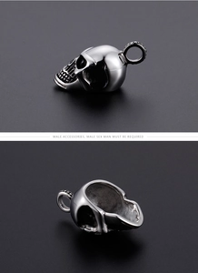 Detailed bottom view of a hollow silver skull pendant showing metallic texture and structure