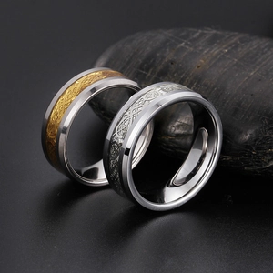 Dragon pattern tungsten steel rings in gold and silver finish on black stones