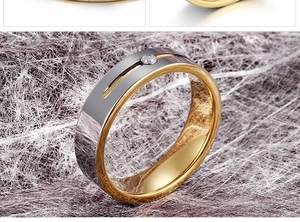 Macro view of a two-tone tungsten steel ring featuring a centered diamond inlay