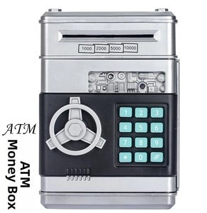 Detailed view of electronic ATM piggy bank with digital keypad and rotating handle