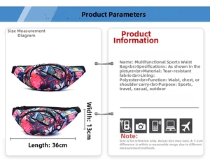 Detailed size chart of the colorful graffiti waist bag showing 36cm x 13cm dimensions