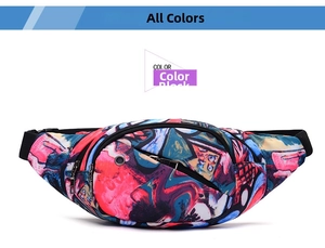 Detail of multi-color graffiti waterproof waist bag with metal earphone hole and zipper