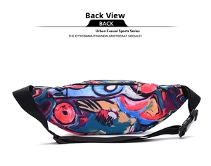 Rear view of outdoor waist bag featuring colorful graffiti prints and sturdy plastic buckle