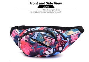 Detailed view of urban graffiti waist bag featuring multi-zipper pockets and adjustable strap