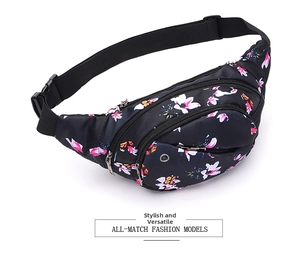 Detail of waterproof crossbody waist bag featuring floral pattern and adjustable buckle