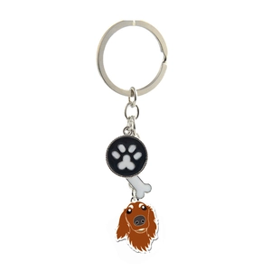 Detail of dog paw pendant, bone charm and dachshund head charm on metal keychain